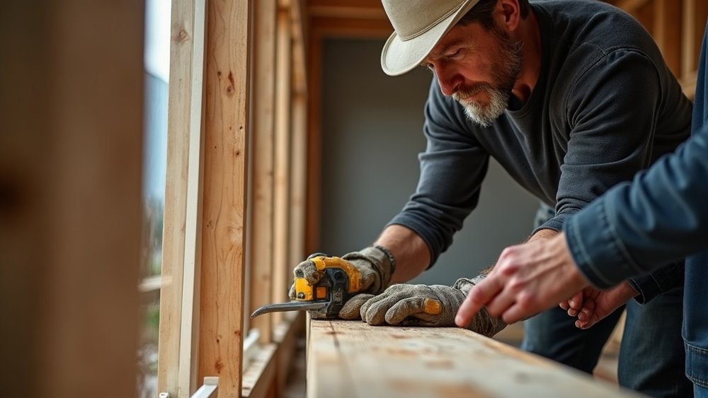 Veteran journeyman showing an apprentice a technique on a construction project — mentorship across generations in trades