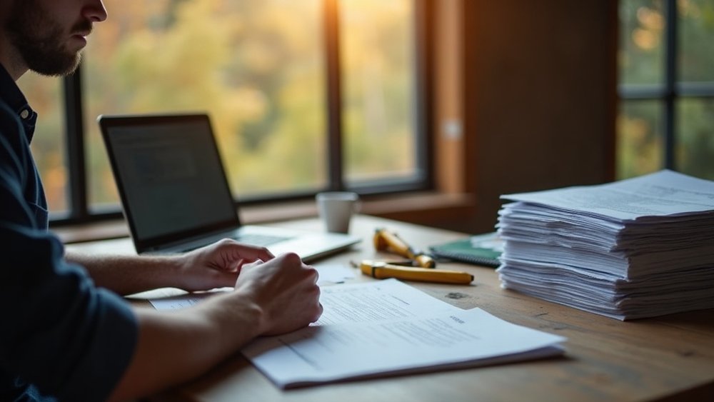 A contractor reviewing unpaid invoices and cash flow on a laptop at his desk