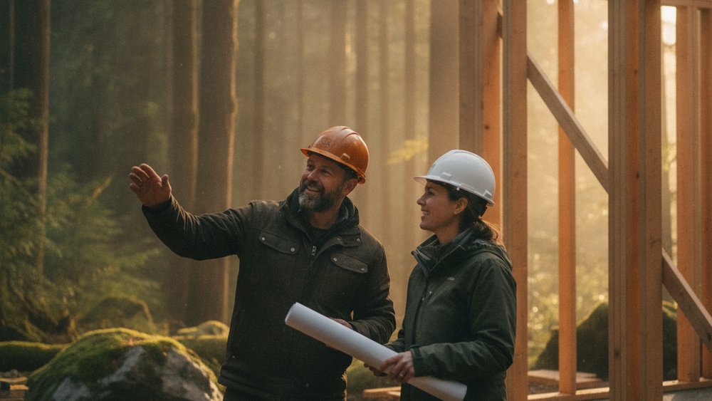 Builder walking a client through a construction site during a project — transparency and communication in the sales and delivery process