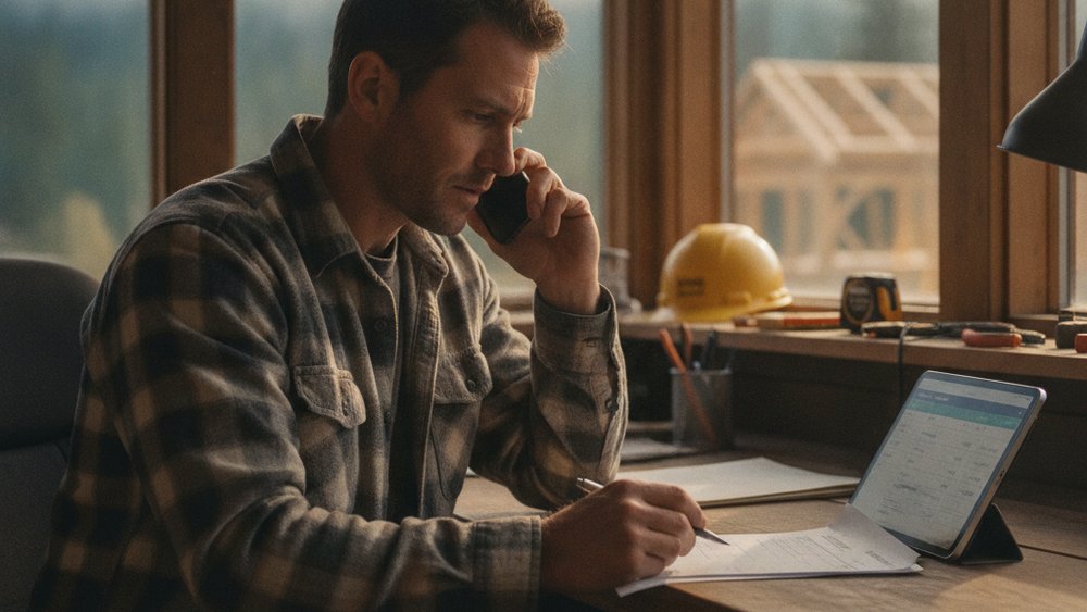 Trades company employee on a phone call verifying a supplier invoice before transferring funds — preventing wire fraud