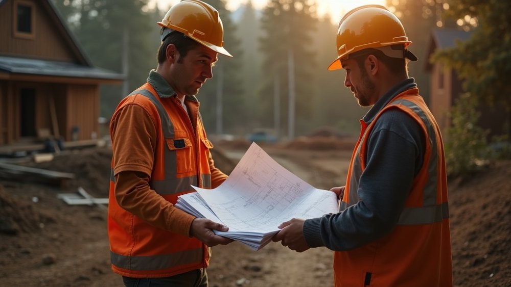 A foreman handing plans to a crew member and stepping back to let him lead the task