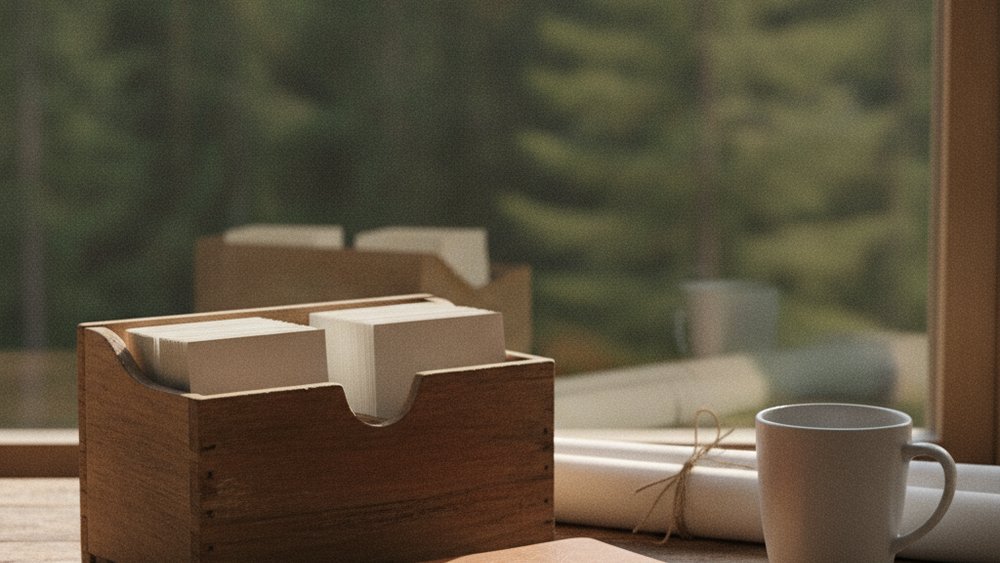Wooden card box of client contact cards on a desk beside rolled plans and a coffee mug — building an email list a construction business owns outright