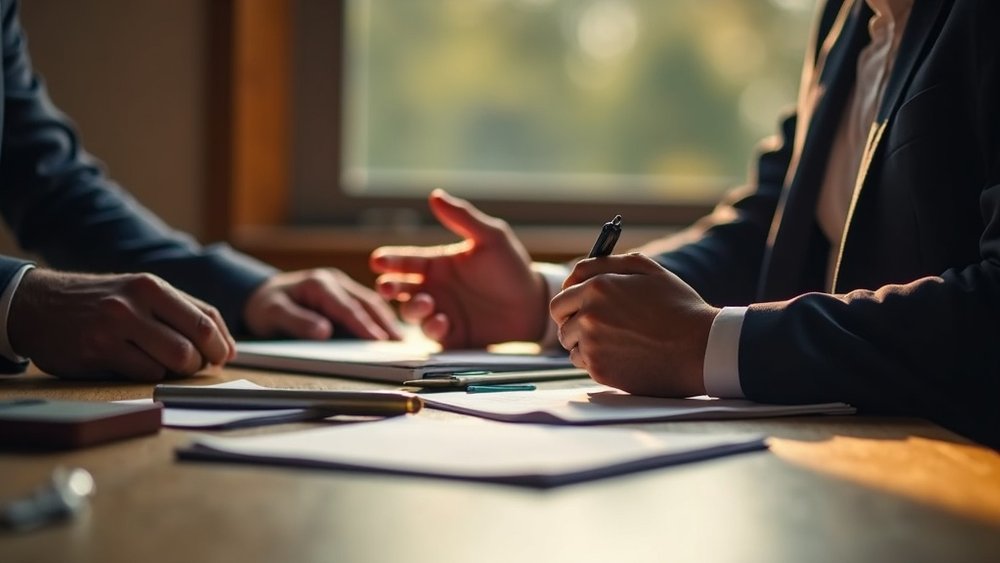 Contractor and business banker meeting across a desk — accessing financing and capital for a trades business