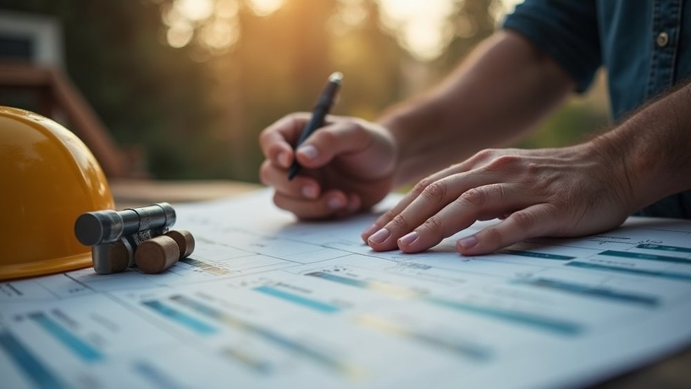 Contractor reviewing a completed project cost report against the original estimate — job costing and profit leak analysis in construction