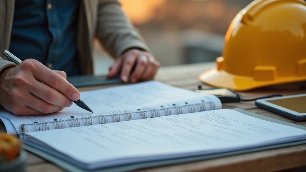 An open binder of written standard operating procedures and checklists on a job-site table