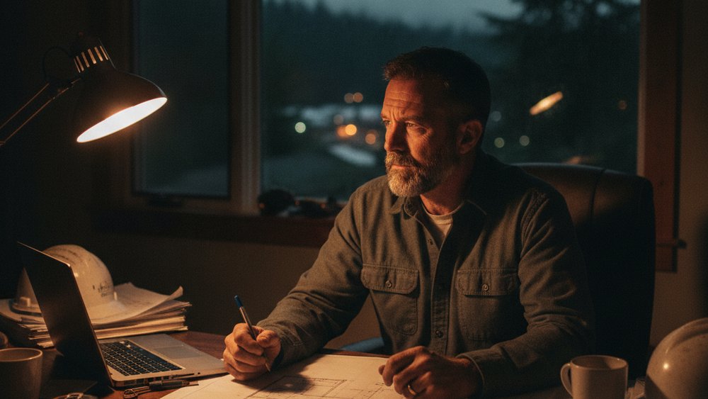 Contractor at a desk reviewing a large project bid late at night — self-doubt before a major proposal