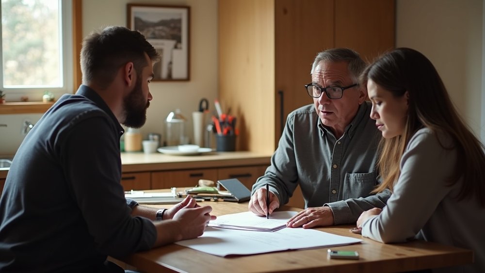 A contractor listening to a homeowner couple during a project consultation at their kitchen table