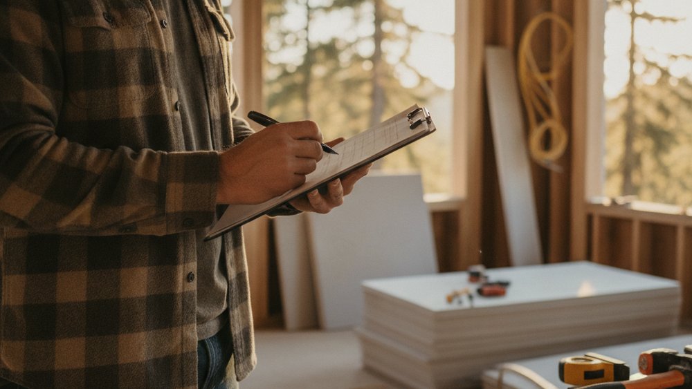 Trades business owner writing up a change order form on a clipboard at a residential renovation site