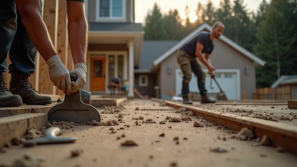 A construction crew cleaning up and organizing a job site together at the end of the day