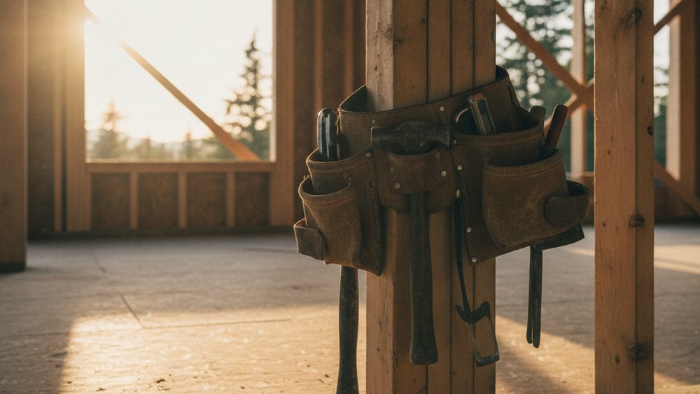 A worn leather tool belt hanging on a framing stud inside a house under construction — the tools a tradesperson sets down when they move into managing the crew