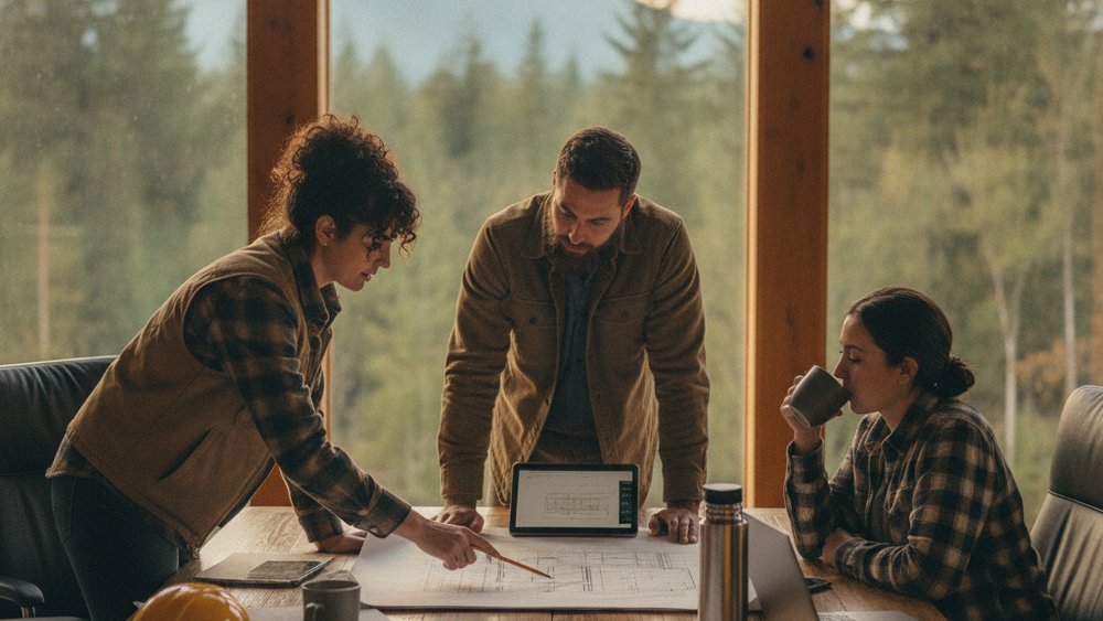 Construction management team reviewing a commercial bid package at a boardroom table