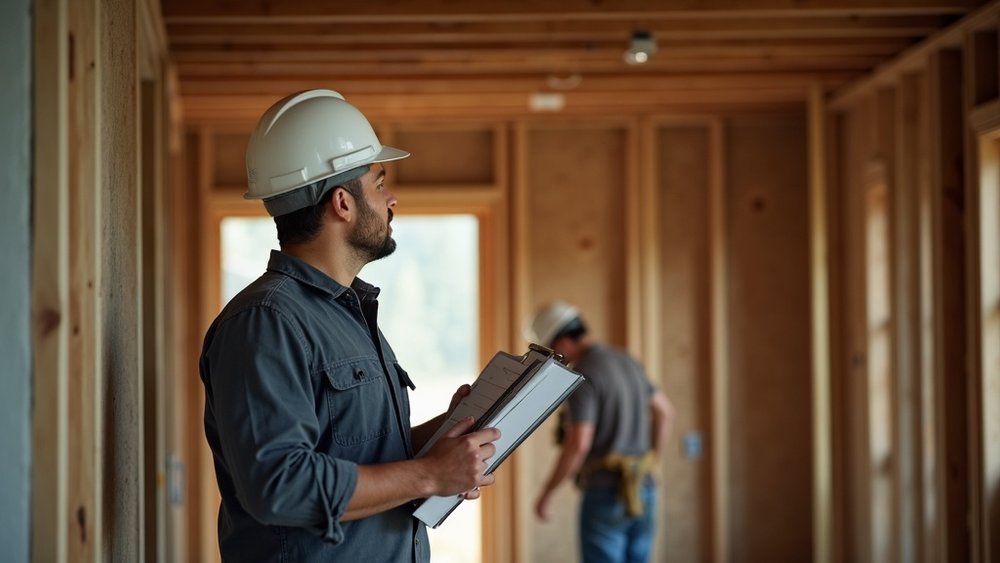 Construction foreman doing a mid-project quality walkthrough on an unfinished residential renovation — deficiency tracking systems