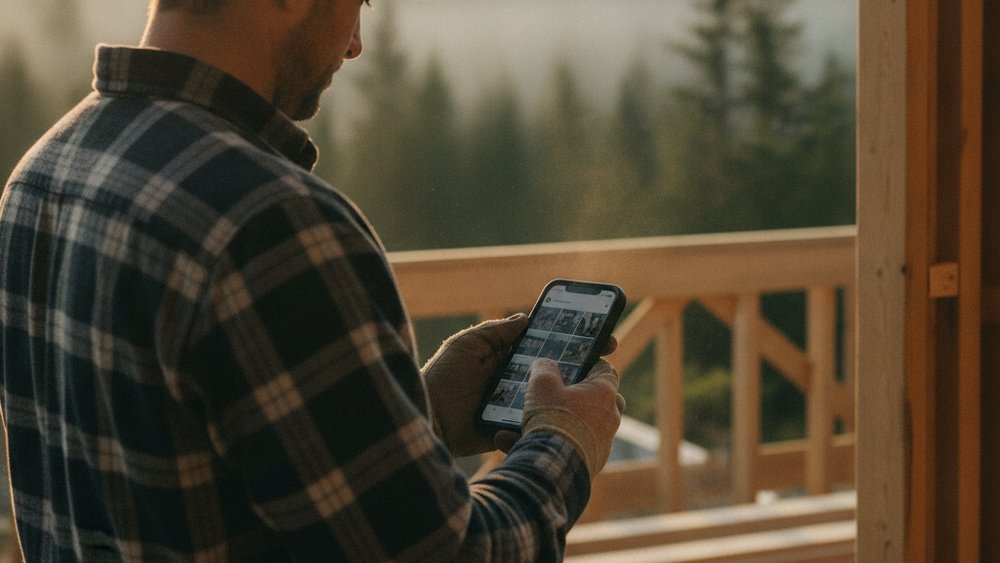 Over-the-shoulder view of a contractor at a job site scrolling an Instagram photo feed on his phone — social media strategy for construction businesses