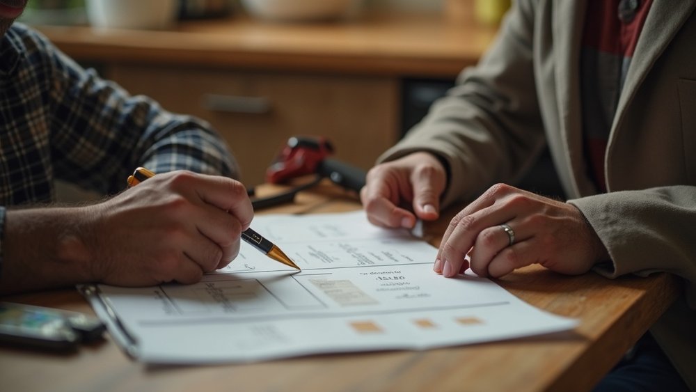 Business owner and client sitting at a kitchen table reviewing a project estimate — qualifying a construction proposal