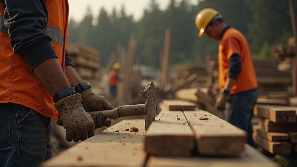 Construction supply yard with stacked lumber and building materials — material procurement and supply chain planning for trades