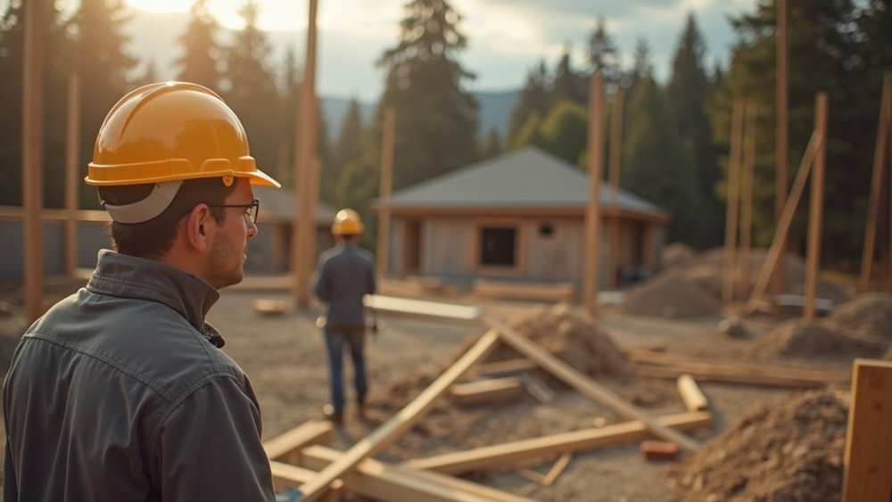 Project manager walking a residential construction site alone, making independent decisions — empowered leadership in construction