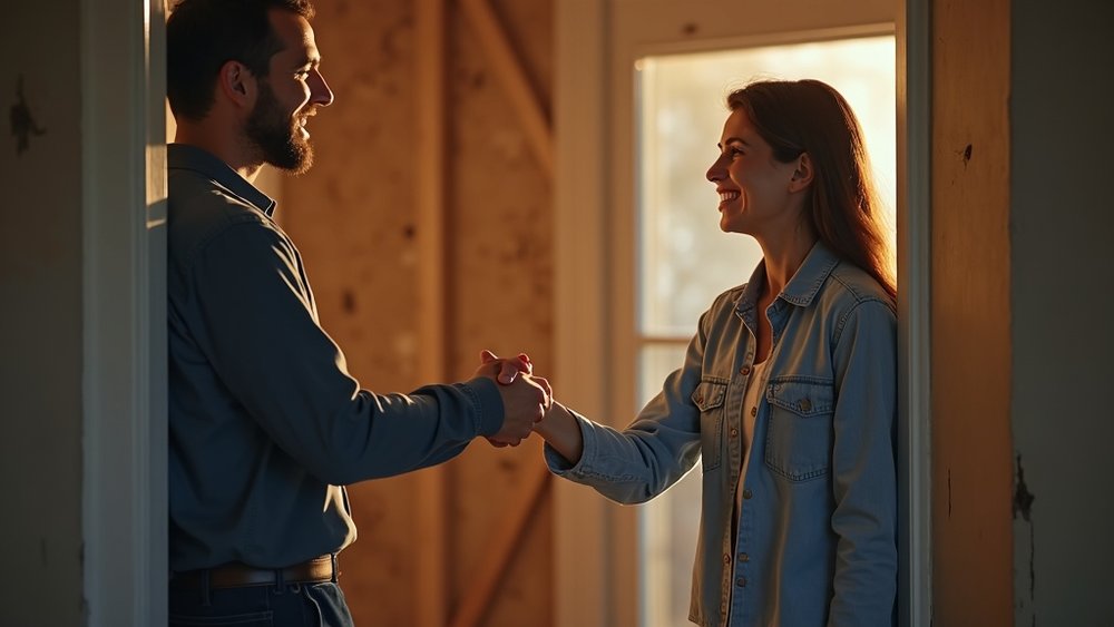 A contractor shaking hands with a relieved homeowner at her door after fixing the problem