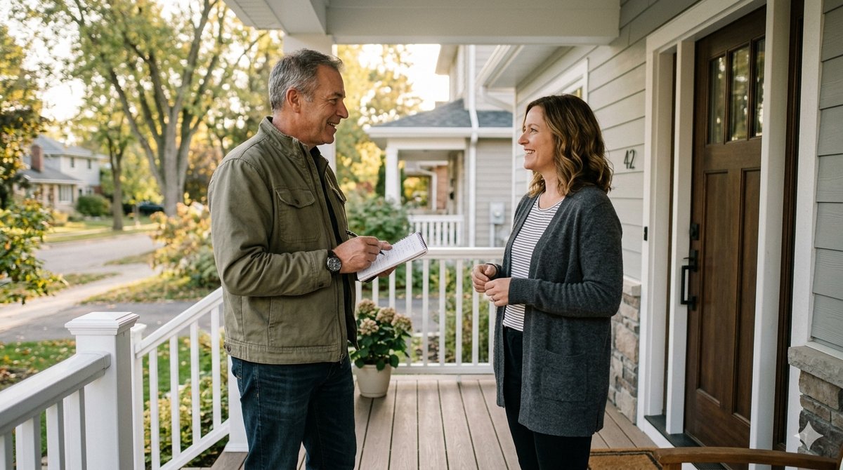 A contractor and homeowner talking on a front porch after a callback visit