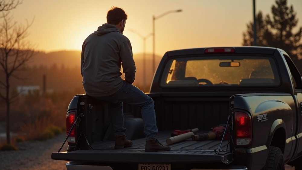 A tired contractor sitting on his truck tailgate at dusk after a hard day on the job