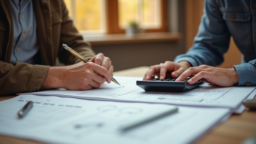A contractor double-checking quantities on a written estimate and blueprints with a calculator