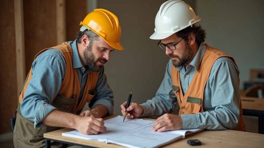 Site foreman reviewing a punch list with a crew member on a residential renovation — leadership and team standards in construction
