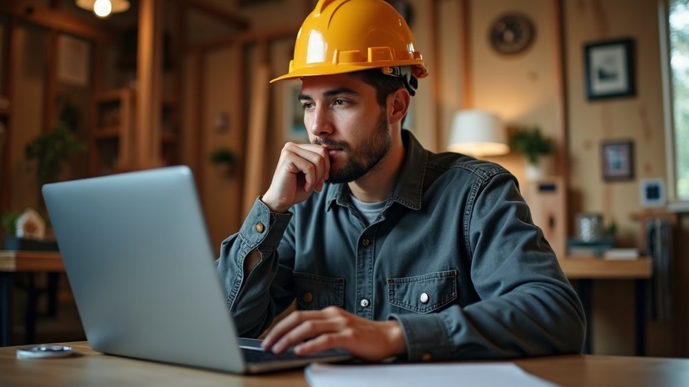 A contractor thoughtfully writing a reply to an online review on a laptop