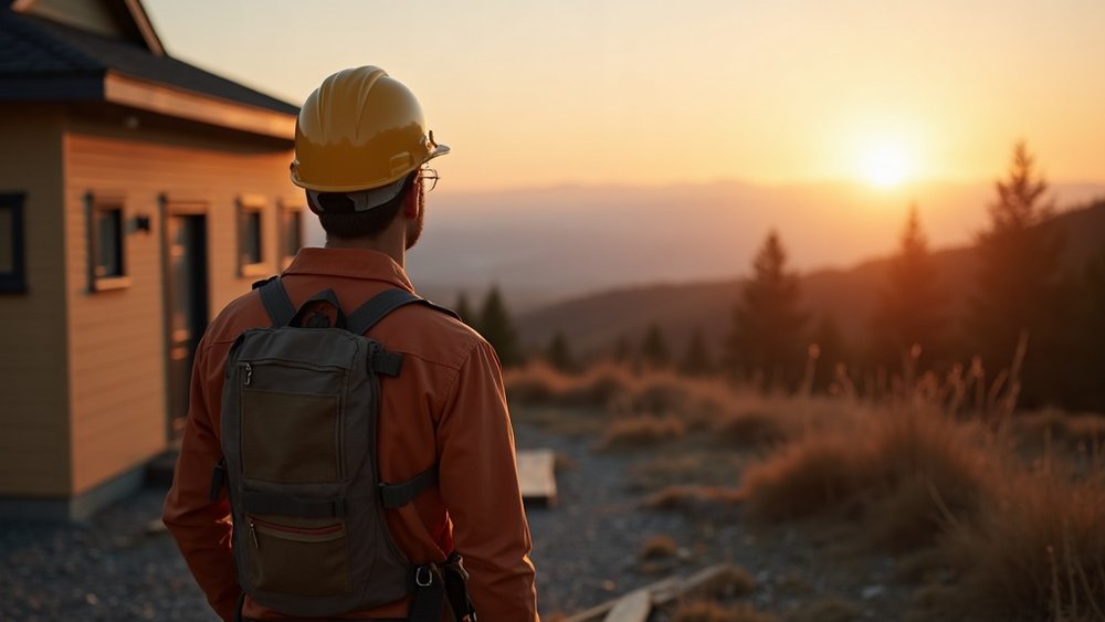 A contractor standing alone at a finished home at sunset, quiet and reflective