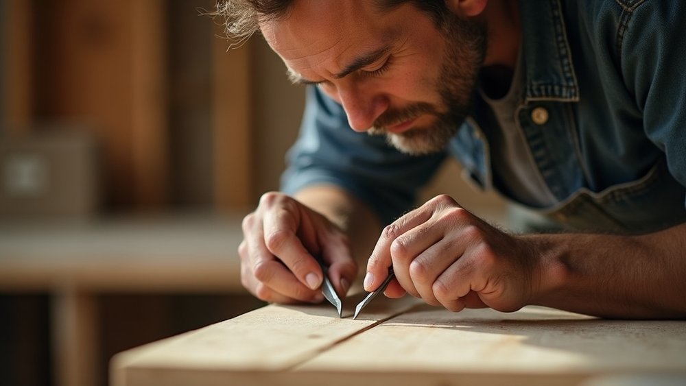 A craftsman measuring and marking a custom finish detail with precision