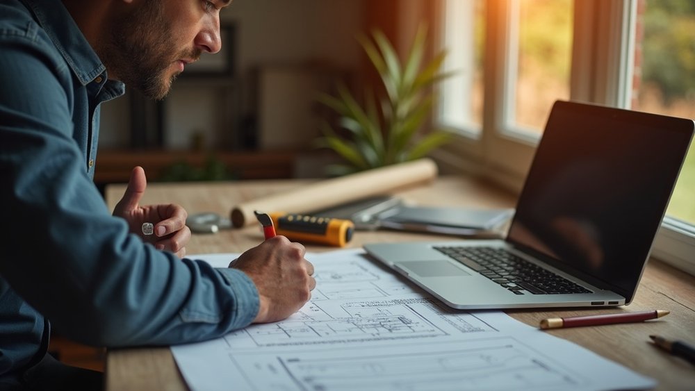 A contractor weighing a new direction over blueprints and a laptop in his office