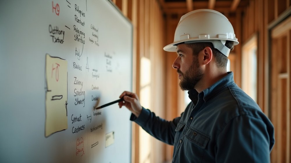 A contractor mapping the next stage of his business on a whiteboard in a site office