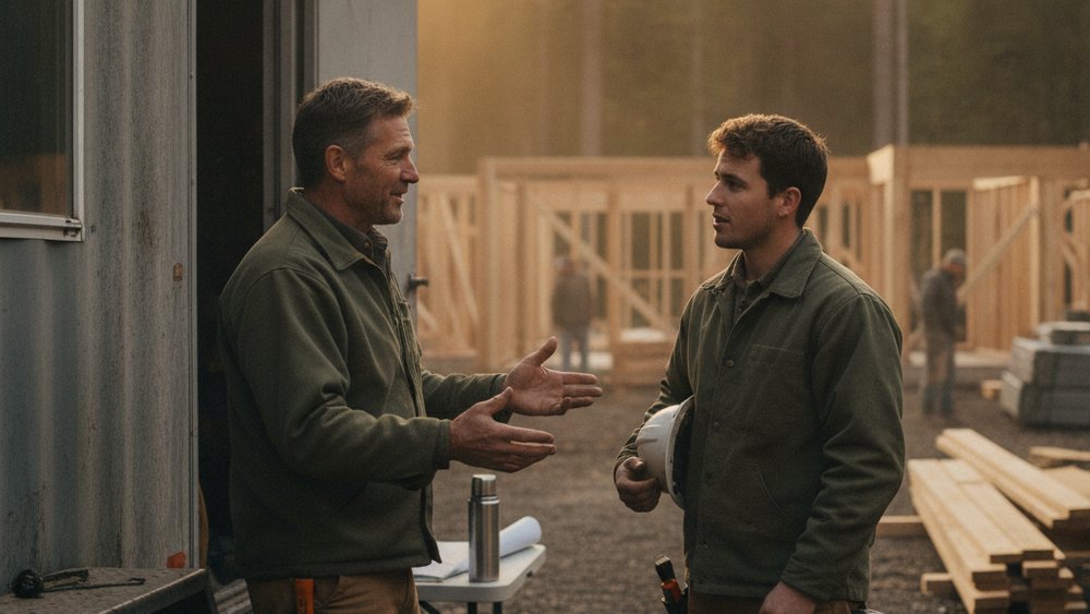 Construction business owner having a one-on-one conversation with an employee at a job site trailer — employee retention conversation