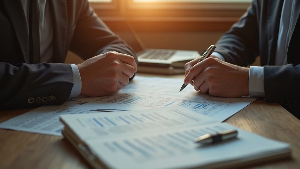 A construction business coach walking a contractor through a printed profit-and-loss statement line by line