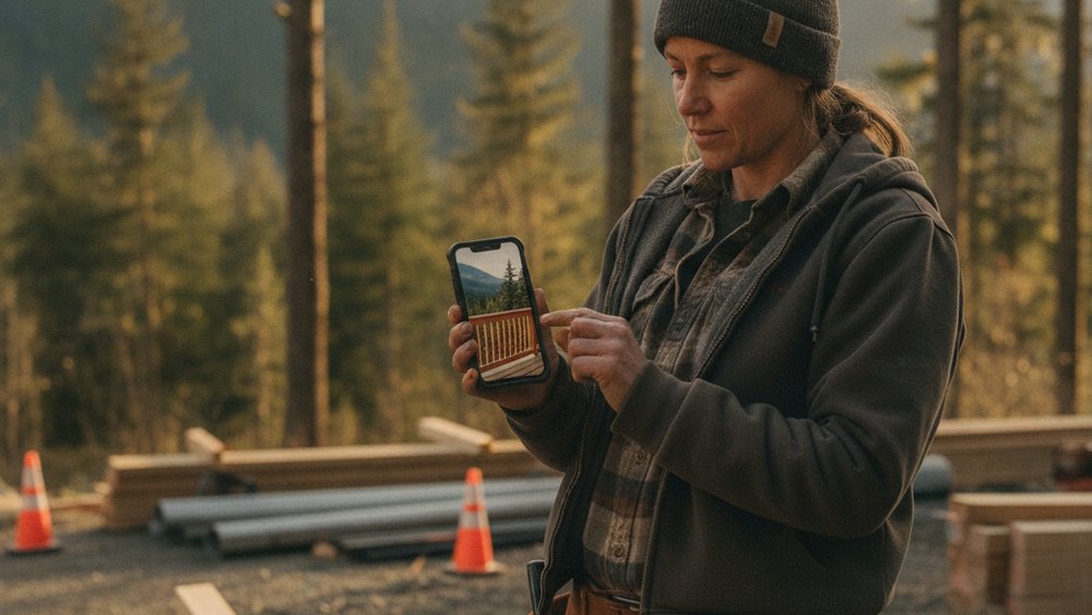 Tradesperson reviewing job site photos on a phone after a project walkthrough — documenting work for marketing content